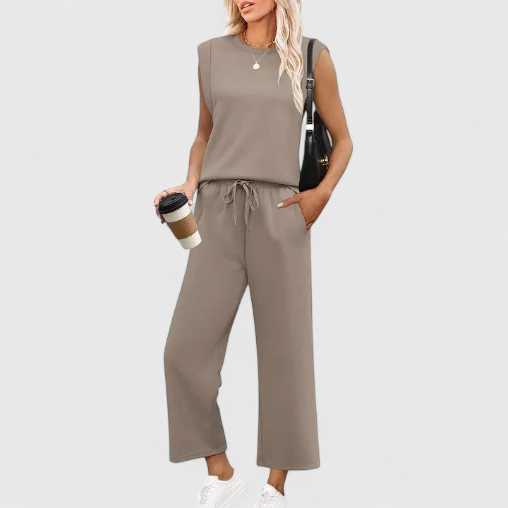 Women's Two-Piece Set Round Neck Cap Sleeve Top with Wide-Leg Trousers - Khaki