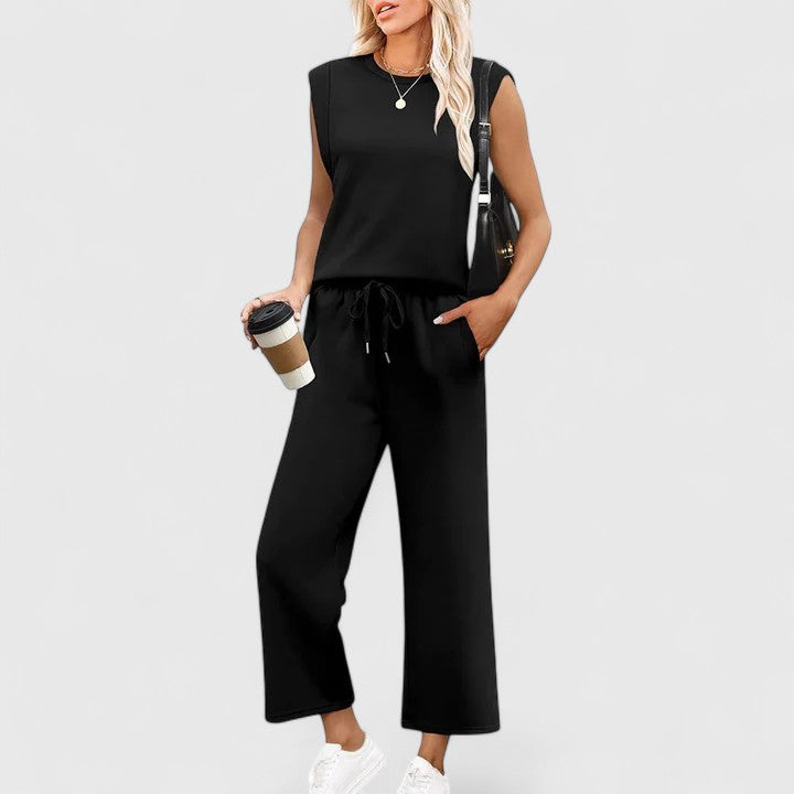 Women's Two-Piece Set Round Neck Cap Sleeve Top with Wide-Leg Trousers - Black