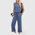 Women's Two-Piece Set Round Neck Cap Sleeve Top with Wide-Leg Trousers - Blue