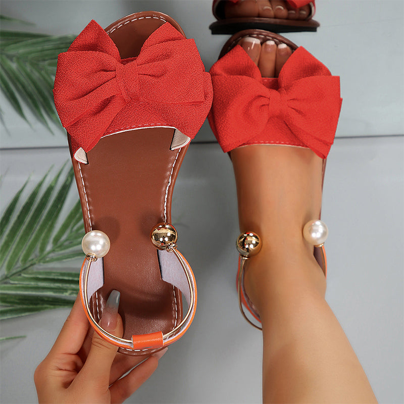 Women's Sandals with Bow Detail and Pearl Ankle Ring - 5