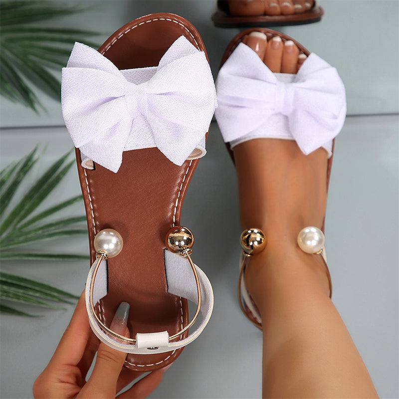 Women's Sandals with Bow Detail and Pearl Ankle Ring - 7