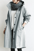 Women's Rain Jacket Longline with Button Front and Hood - Grey