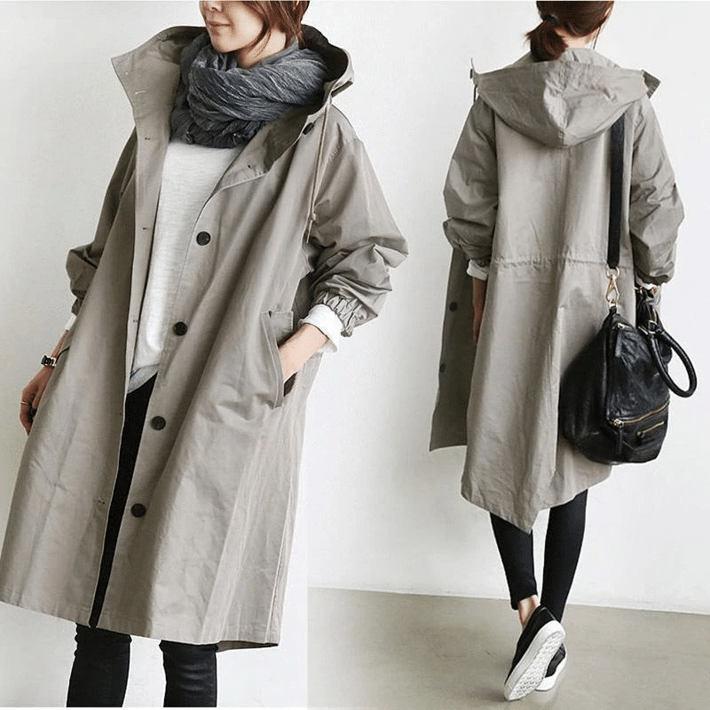 Women's Rain Jacket Longline with Button Front and Hood - Light Grey