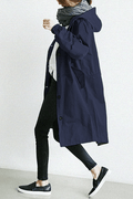 Women's Rain Jacket Longline with Button Front and Hood - Navy Blue