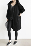 Women's Rain Jacket Longline with Button Front and Hood - Black