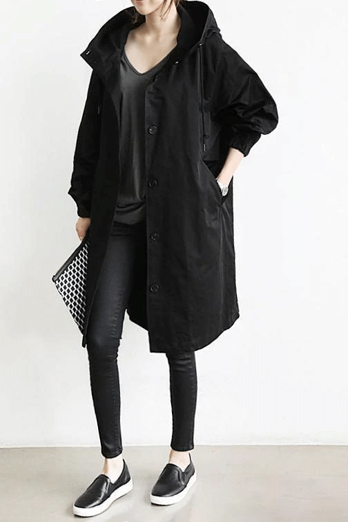 Women's Rain Jacket Longline with Button Front and Hood - Black