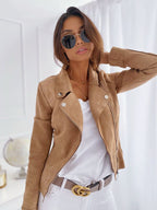Women's Cropped Faux Leather Jacket with Zip Closure - Khaki