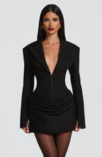 Women's Blazer Mini Dress with Deep V-Neck and Ruched Detail - 9