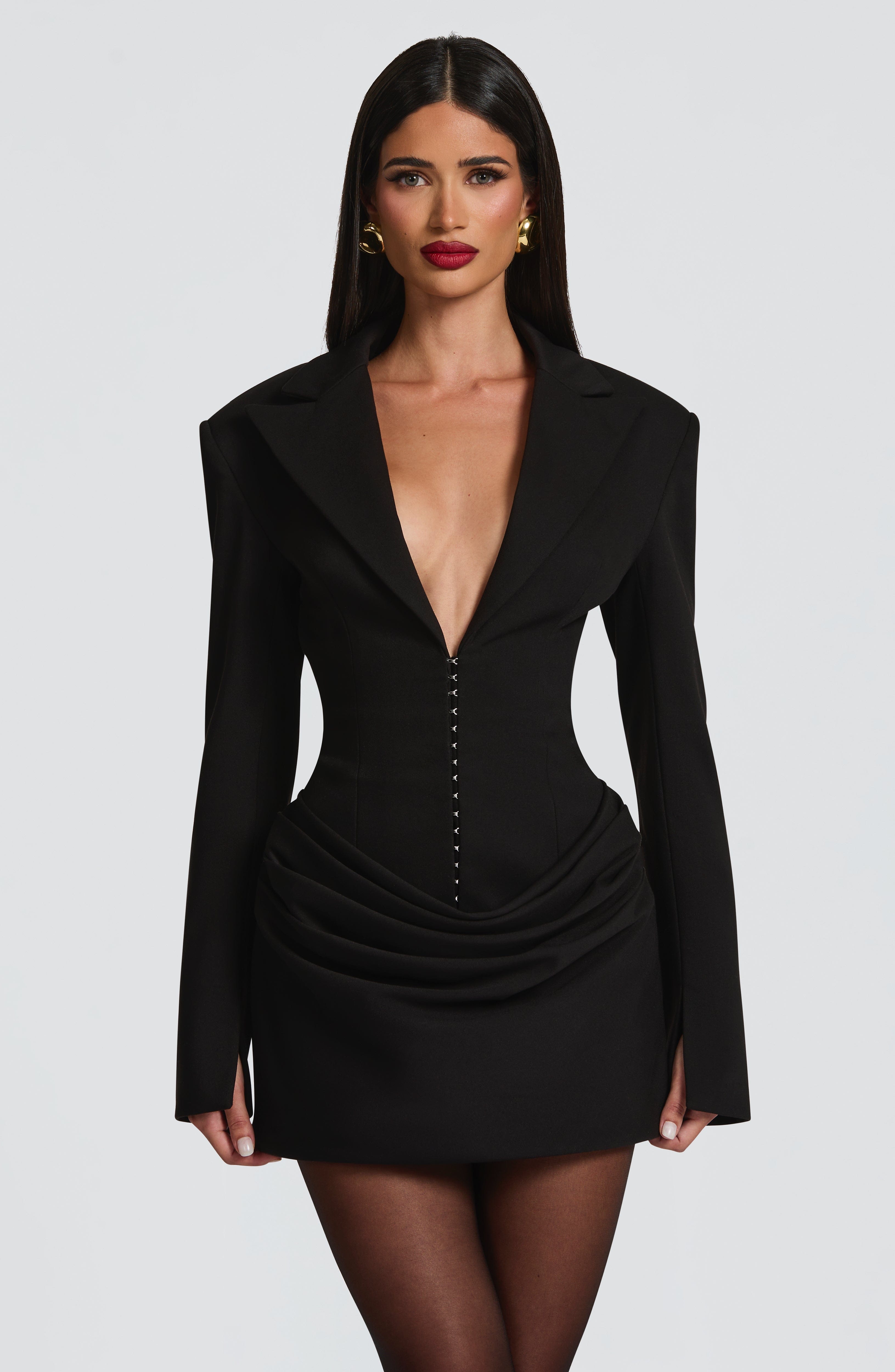 Women's Blazer Mini Dress with Deep V-Neck and Ruched Detail - 9