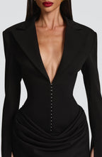 Women's Blazer Mini Dress with Deep V-Neck and Ruched Detail - 7