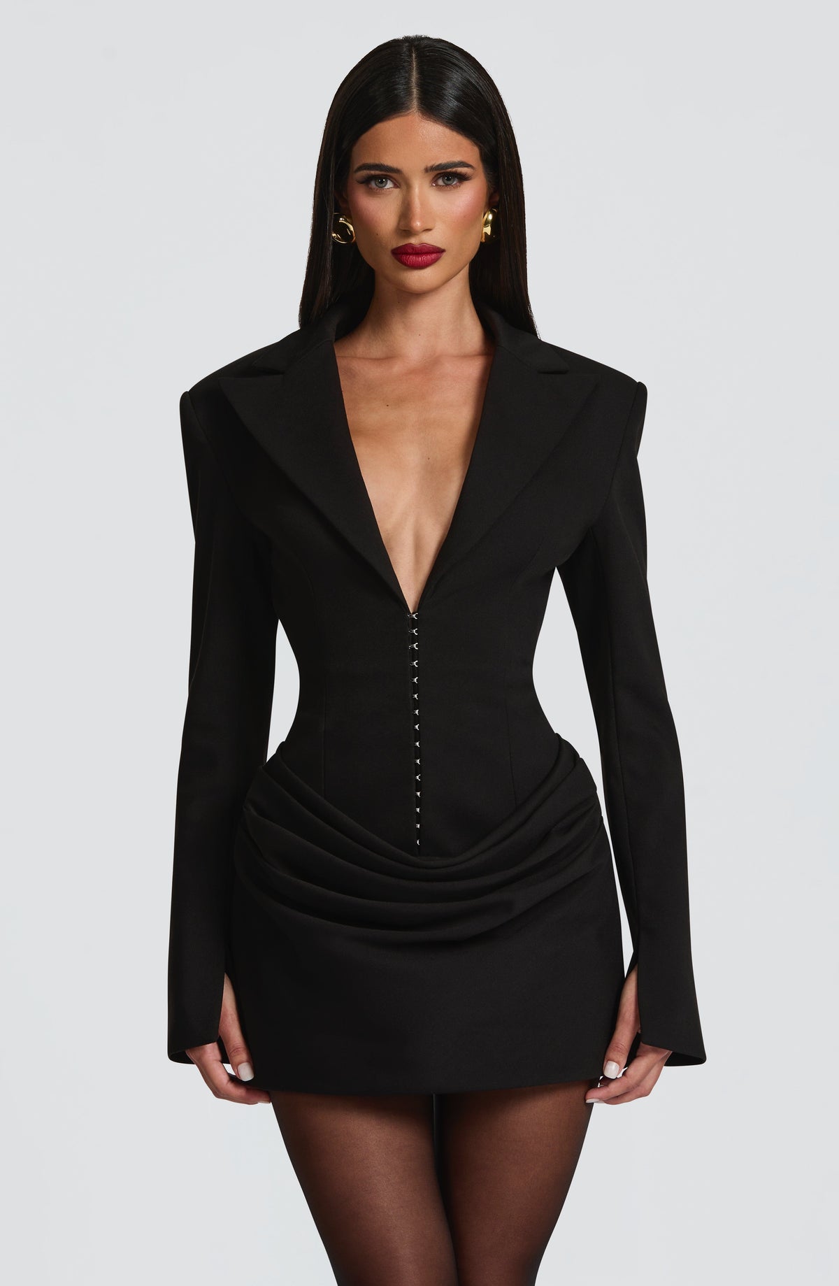 Women's Blazer Mini Dress with Deep V-Neck and Ruched Detail - 2