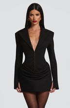 Women's Blazer Mini Dress with Deep V-Neck and Ruched Detail - 2