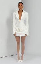 Women's Ruched Mini Dress with Deep V-Neck and Tailored Waist - 6