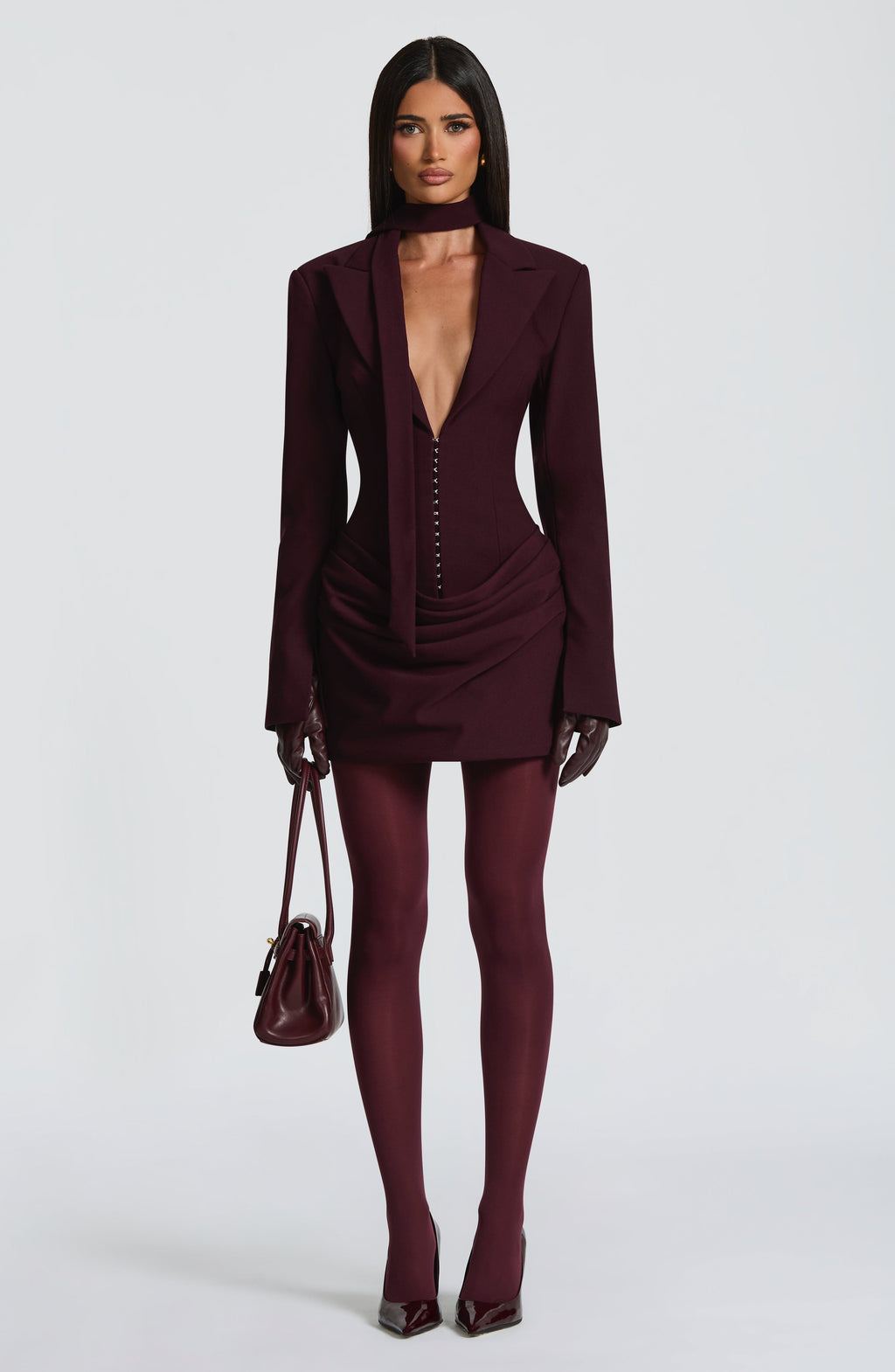 Women's Ruched Mini Dress with Plunging V-Neck and Long Sleeves - 7