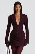 Women's Ruched Mini Dress with Plunging V-Neck and Long Sleeves - 2
