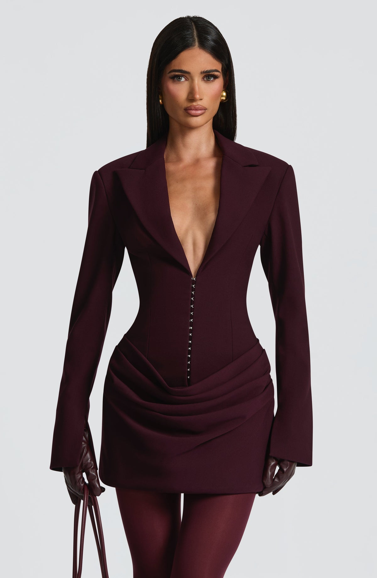 Women's Ruched Mini Dress with Plunging V-Neck and Long Sleeves - 2