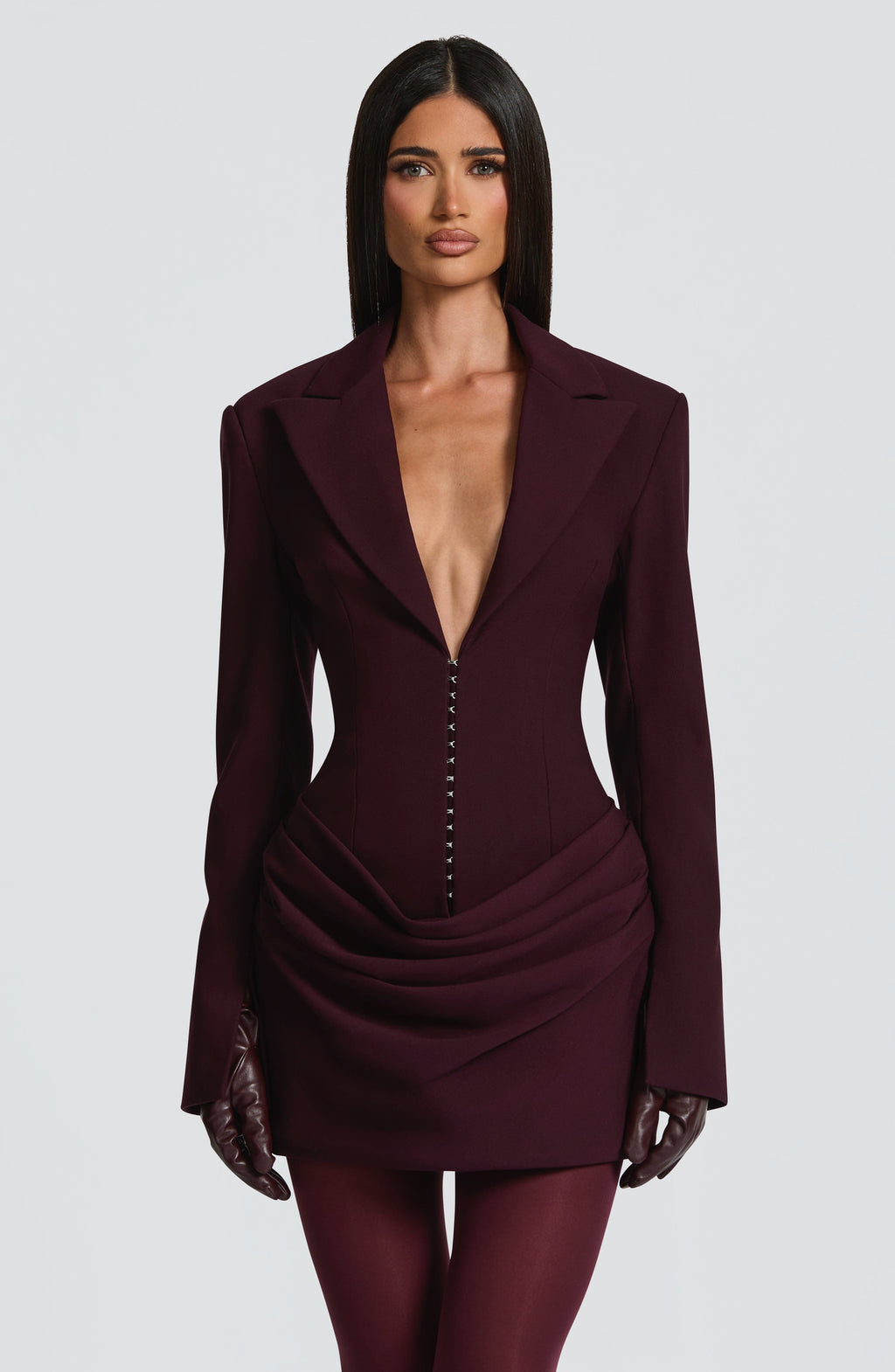 Women's Ruched Mini Dress with Plunging V-Neck and Long Sleeves - 10