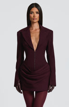 Women's Ruched Mini Dress with Plunging V-Neck and Long Sleeves - 10