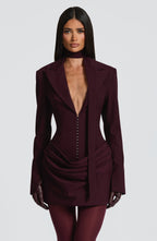 Women's Ruched Mini Dress with Plunging V-Neck and Long Sleeves - 6