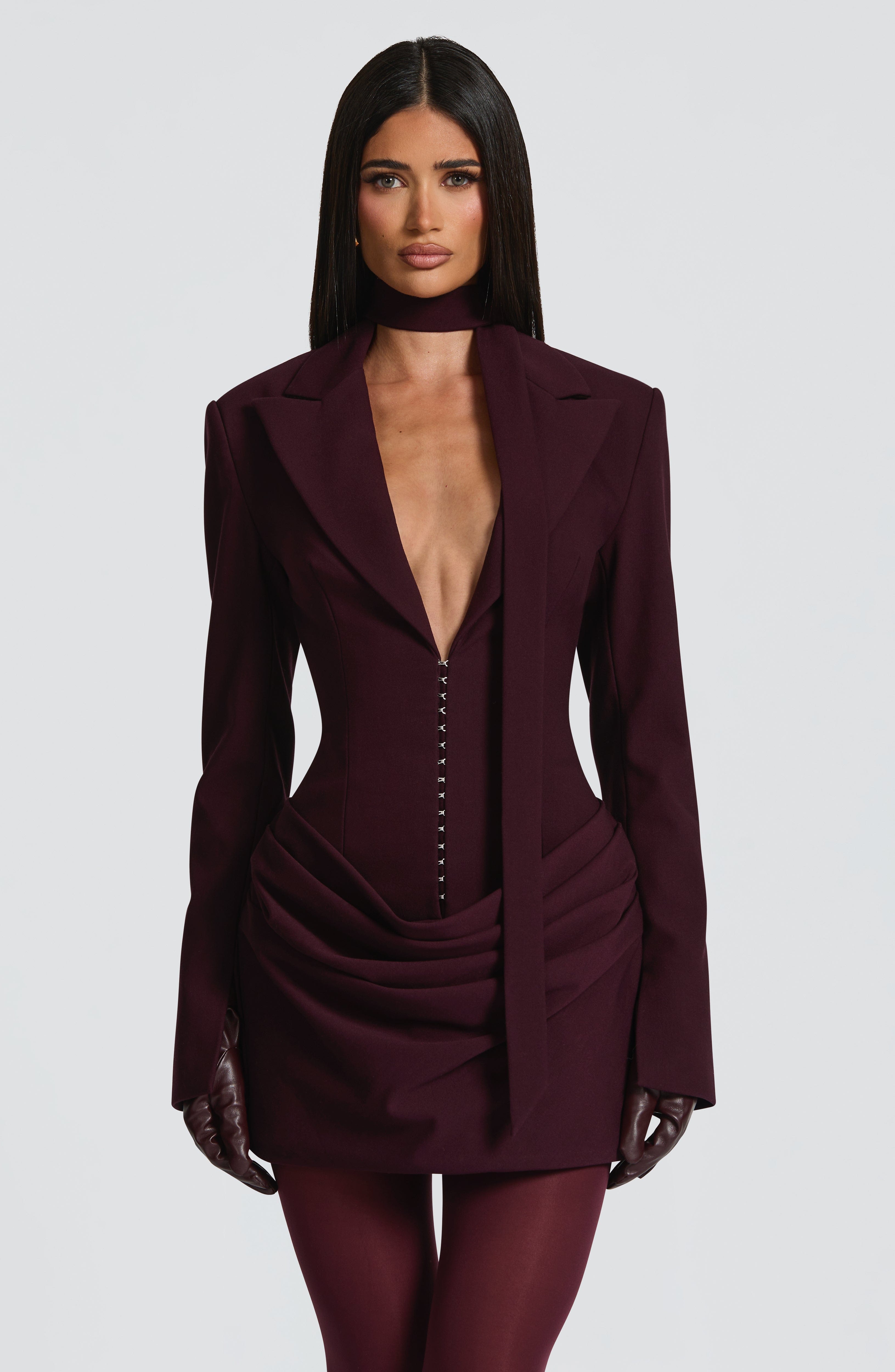 Women's Ruched Mini Dress with Plunging V-Neck and Long Sleeves - 6