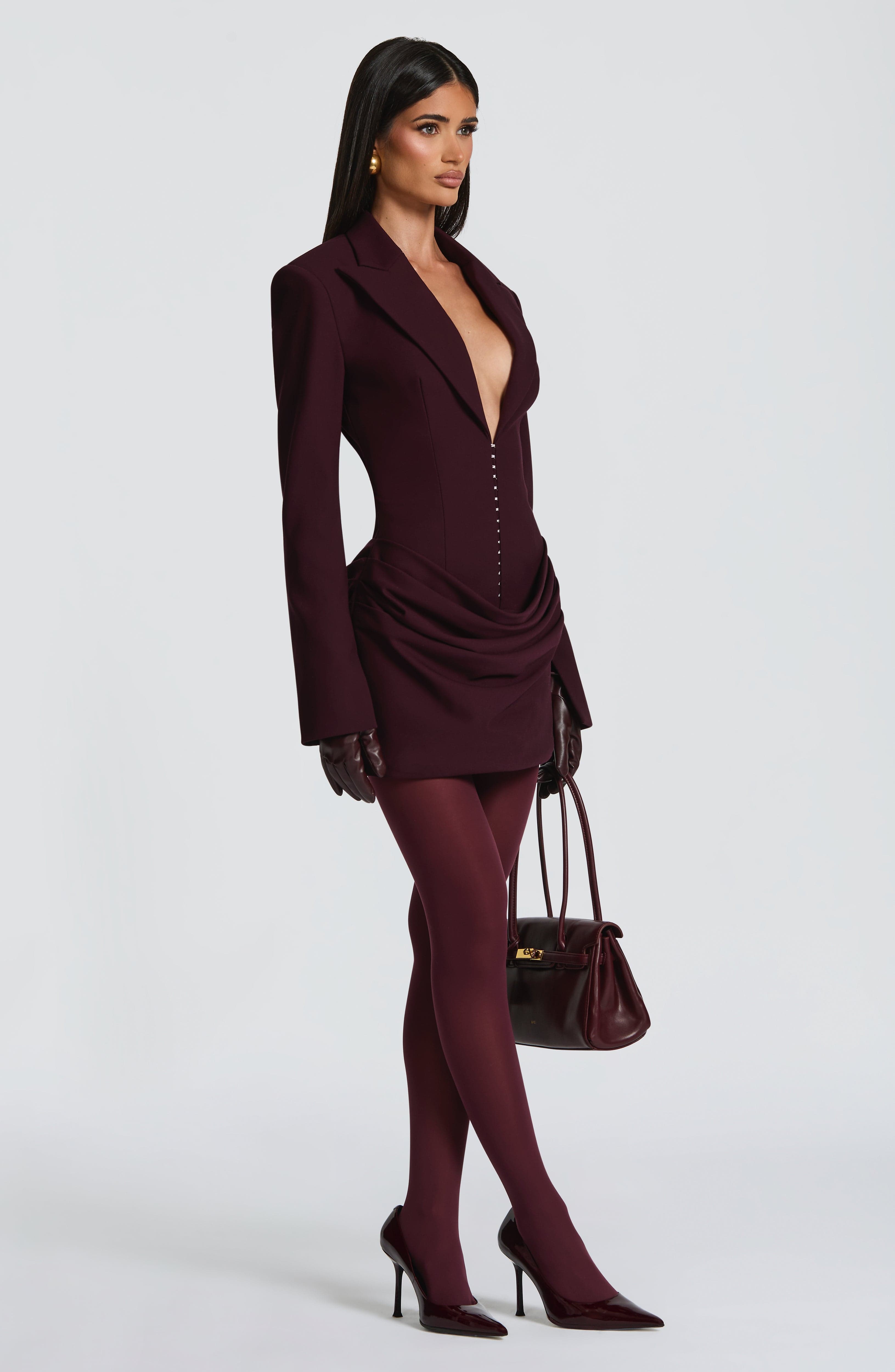 Women's Ruched Mini Dress with Plunging V-Neck and Long Sleeves - 3