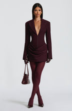 Women's Ruched Mini Dress with Plunging V-Neck and Long Sleeves - 5