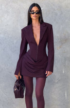 Women's Ruched Mini Dress with Plunging V-Neck and Long Sleeves - 13