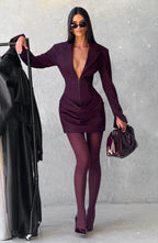 Women's Ruched Mini Dress with Plunging V-Neck and Long Sleeves - 12