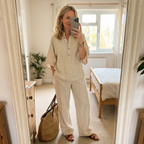 Women's Mandarin Collar Top and Wide Leg Trouser Set - 15