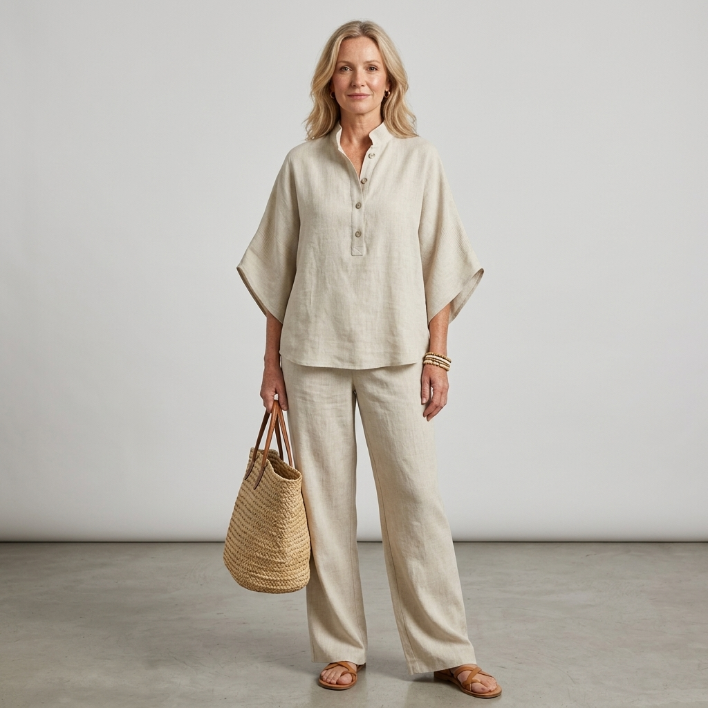 Women's Mandarin Collar Top and Wide Leg Trouser Set - 18