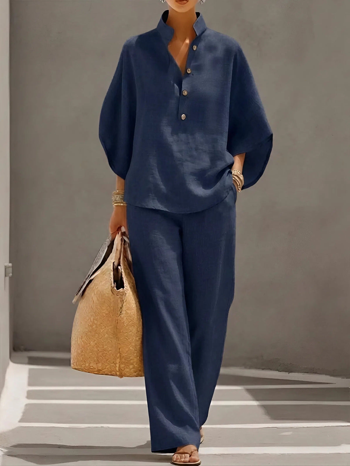 Women's Mandarin Collar Top and Wide Leg Trouser Set - Navy