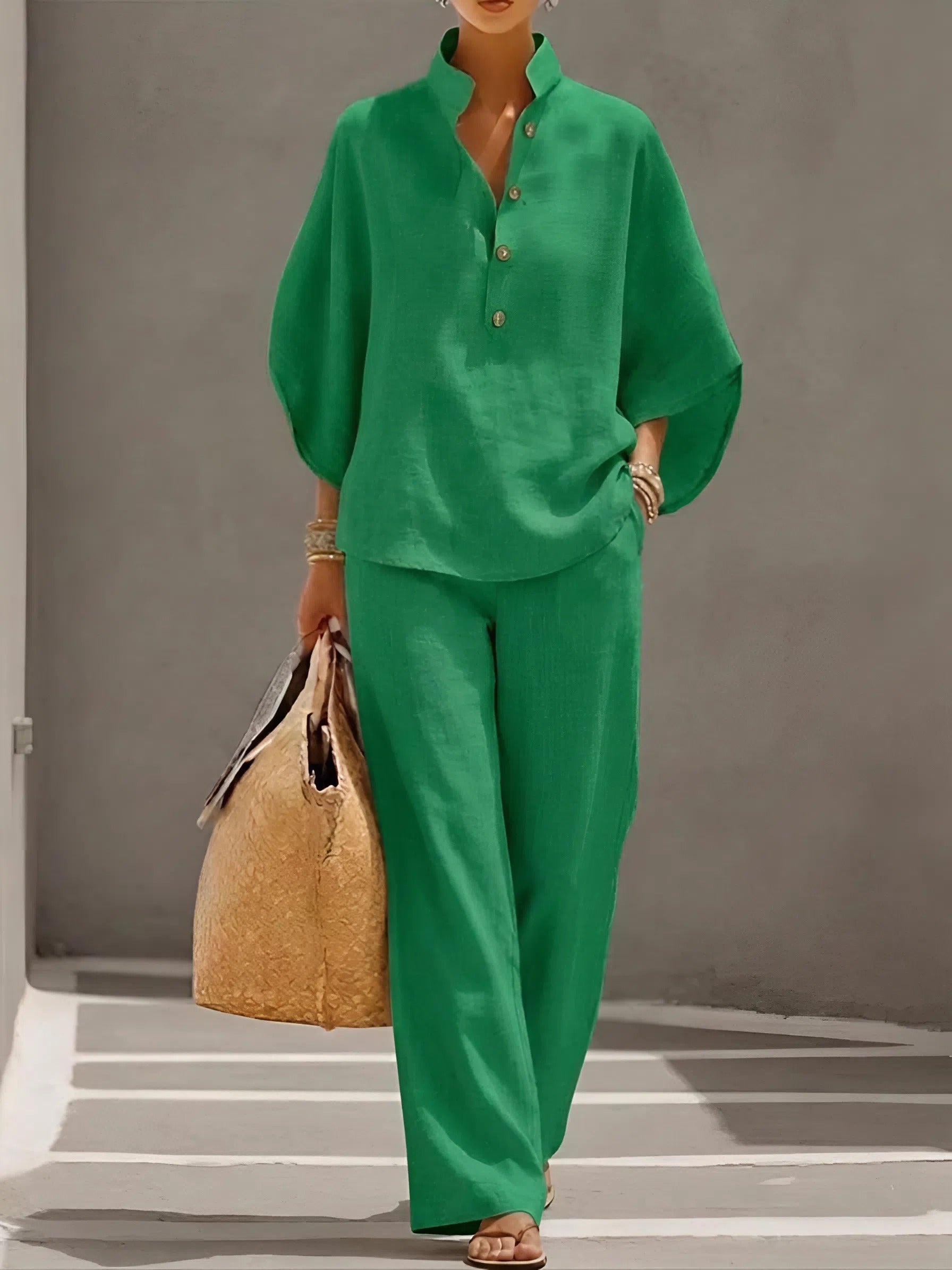 Women's Mandarin Collar Top and Wide Leg Trouser Set - Green