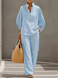 Women's Mandarin Collar Top and Wide Leg Trouser Set - Light Blue