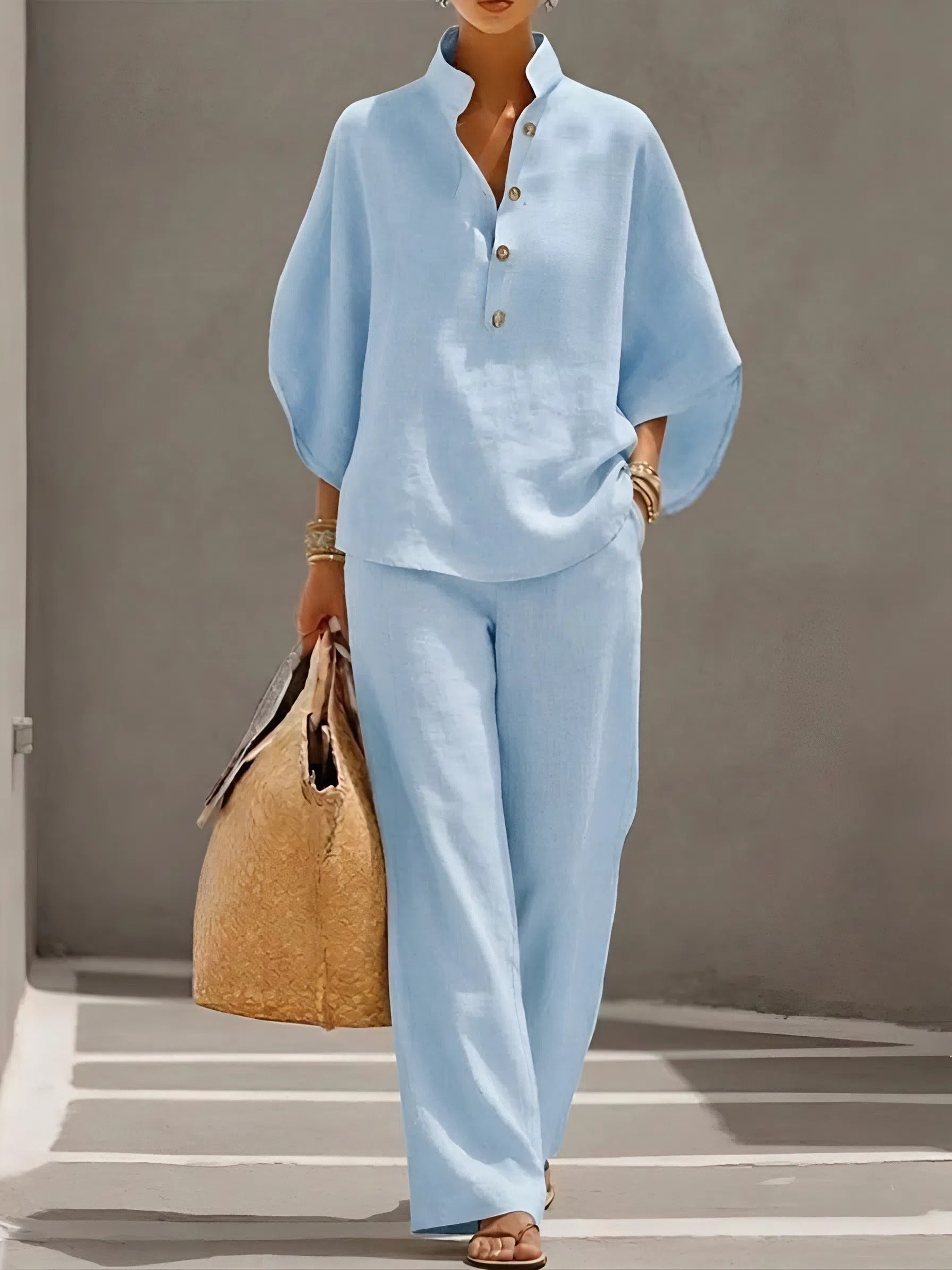 Women's Mandarin Collar Top and Wide Leg Trouser Set - Light Blue