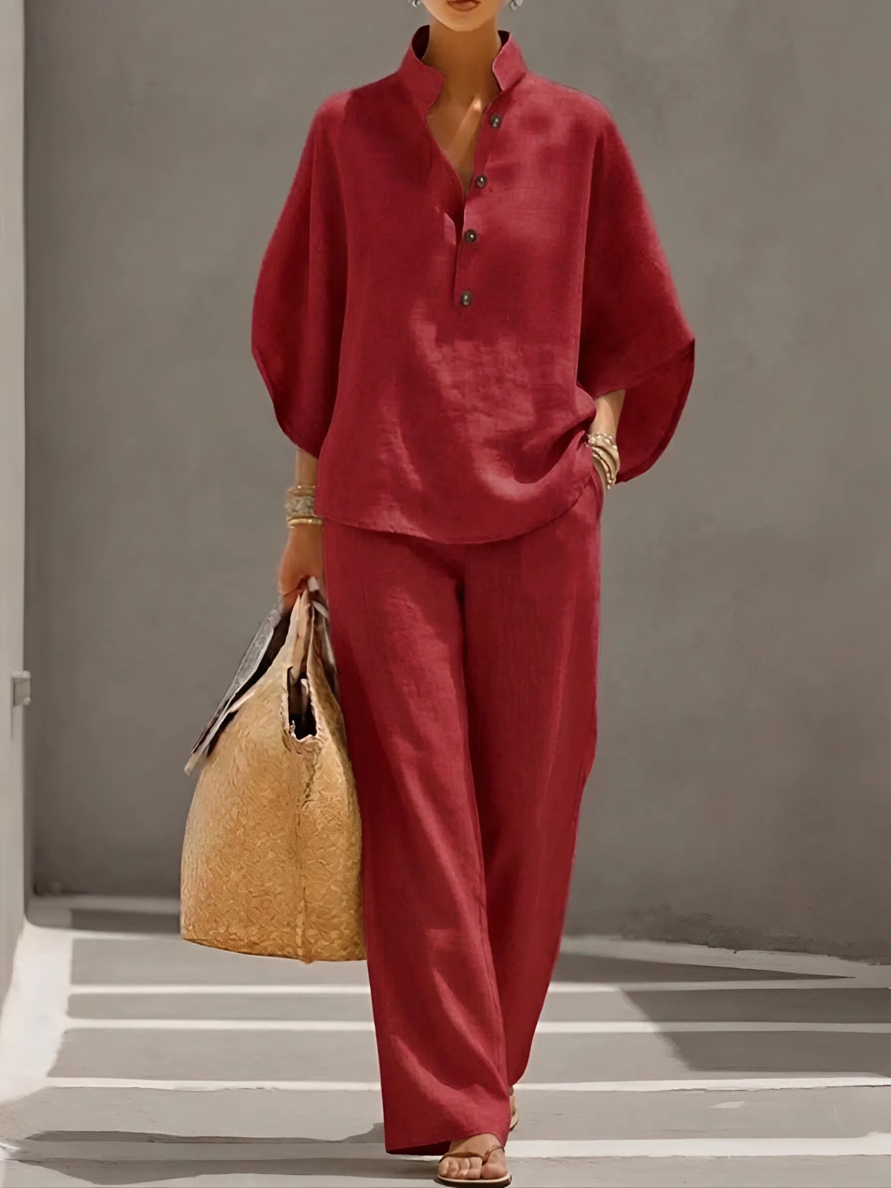 Women's Mandarin Collar Top and Wide Leg Trouser Set - Red