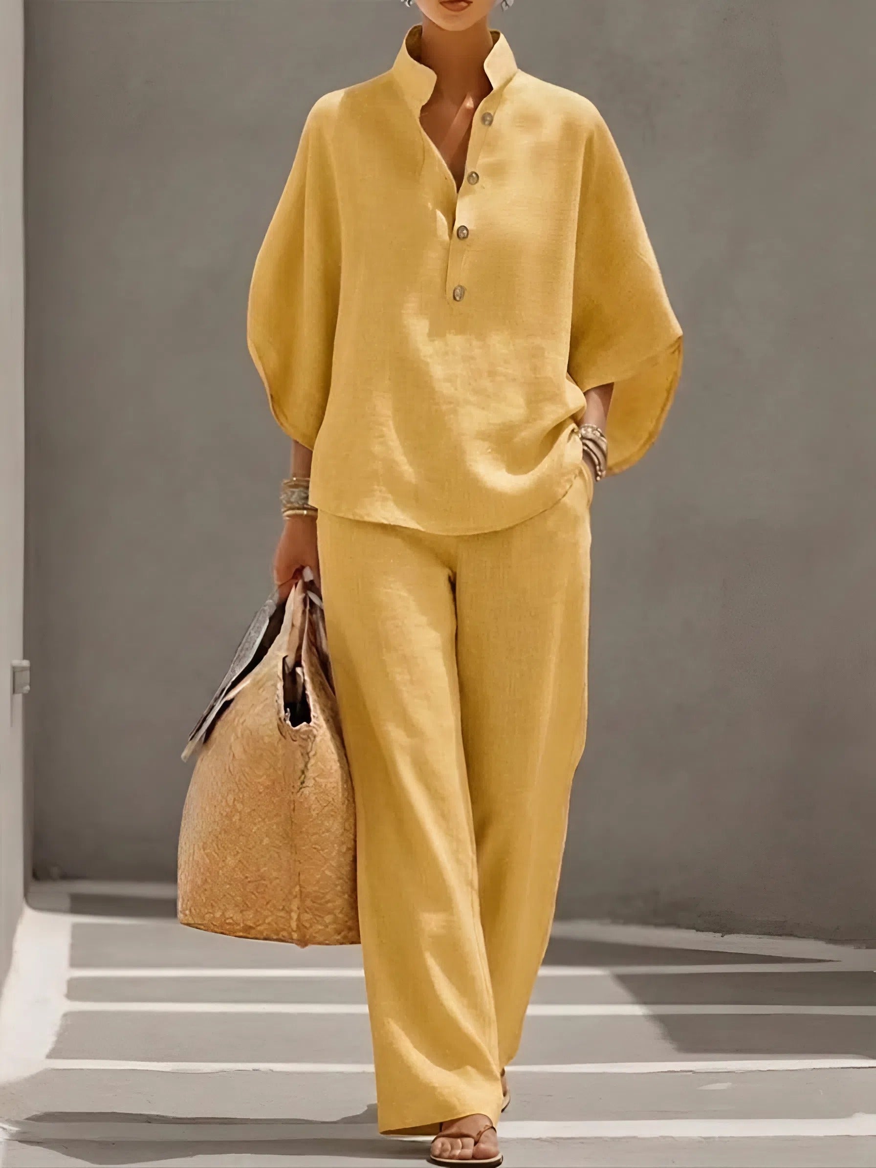 Women's Mandarin Collar Top and Wide Leg Trouser Set - Yellow