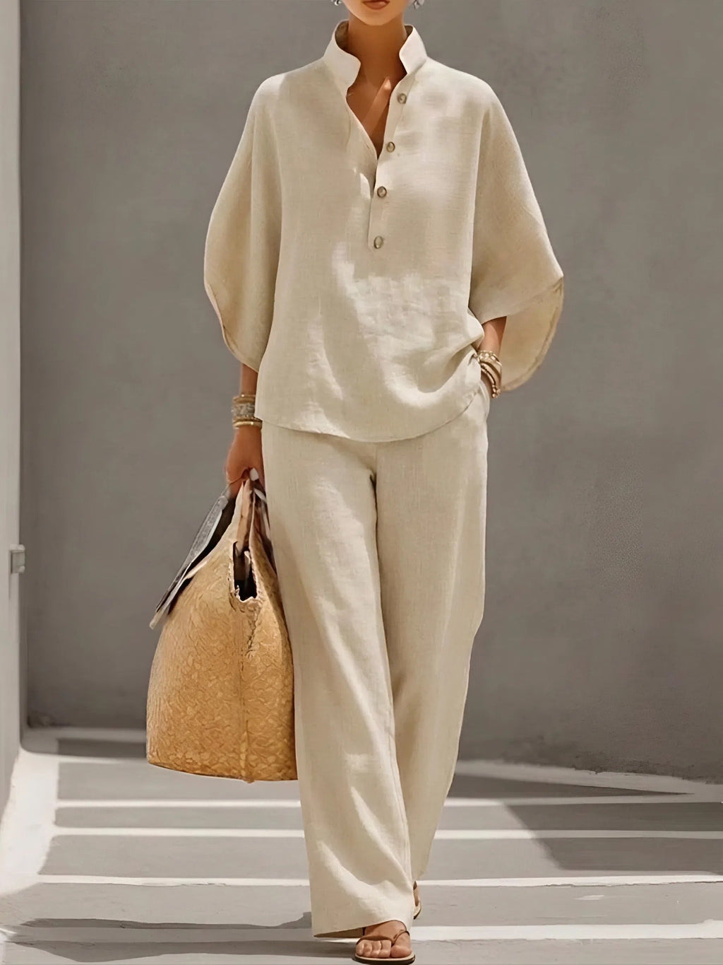 Women's Mandarin Collar Top and Wide Leg Trouser Set - 10