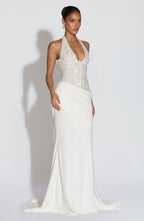 Women's Embellished Halter Gown with Corset Bodice and Train - 4