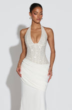 Women's Embellished Halter Gown with Corset Bodice and Train - 5