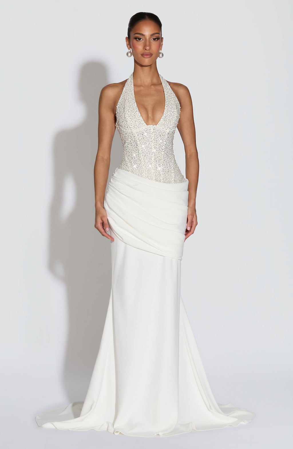 Women's Embellished Halter Gown with Corset Bodice and Train - 6