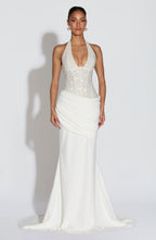 Women's Embellished Halter Gown with Corset Bodice and Train - 6