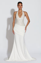 Women's Embellished Halter Gown with Corset Bodice and Train - 2