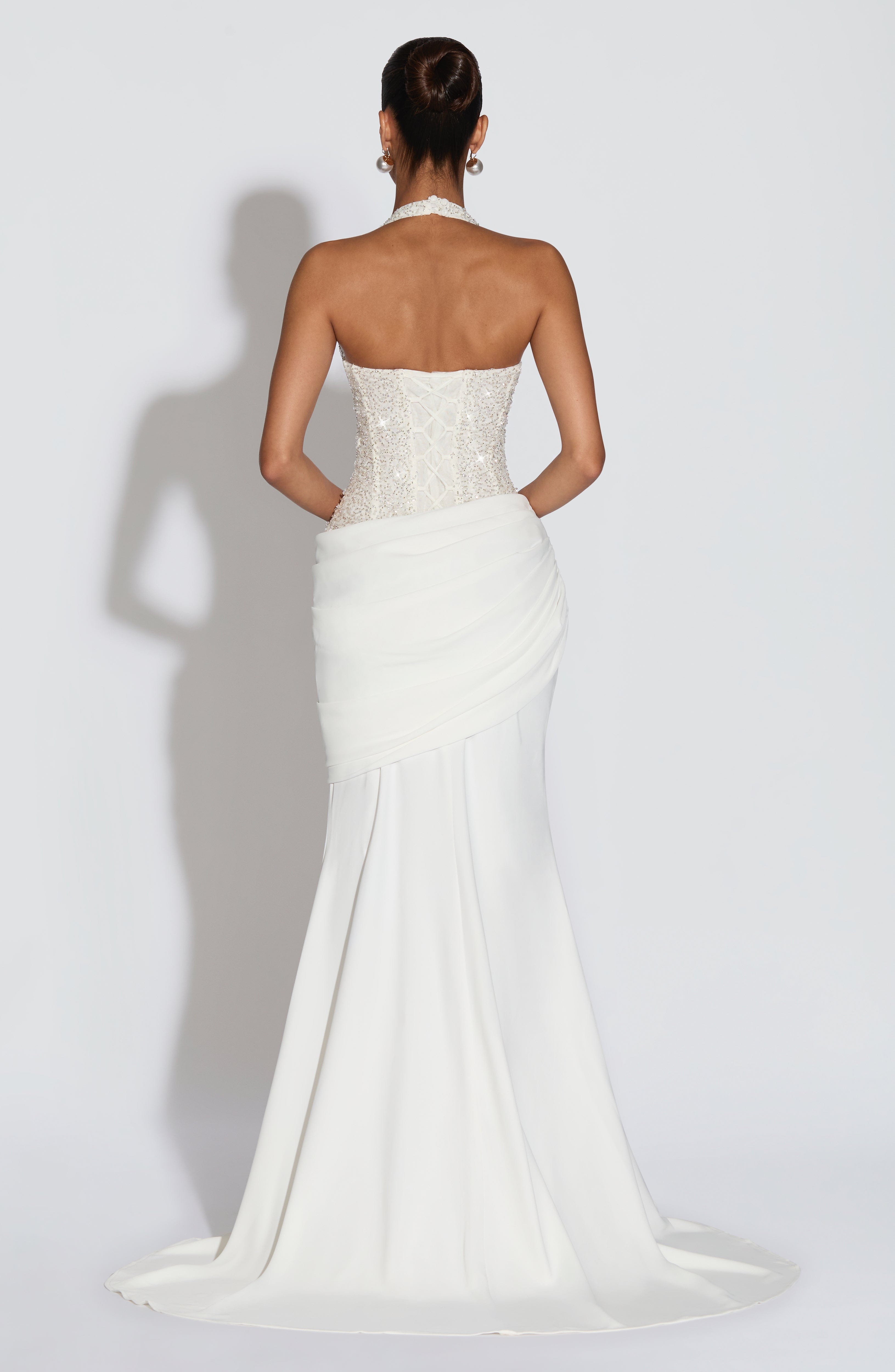 Women's Embellished Halter Gown with Corset Bodice and Train - 3