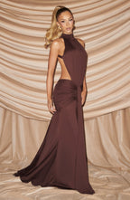 Women's Halter Neck Ruched Mermaid Evening Gown with Train - 8