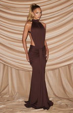 Women's Halter Neck Ruched Mermaid Evening Gown with Train - 9