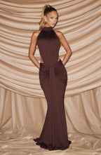 Women's Halter Neck Ruched Mermaid Evening Gown with Train - 7
