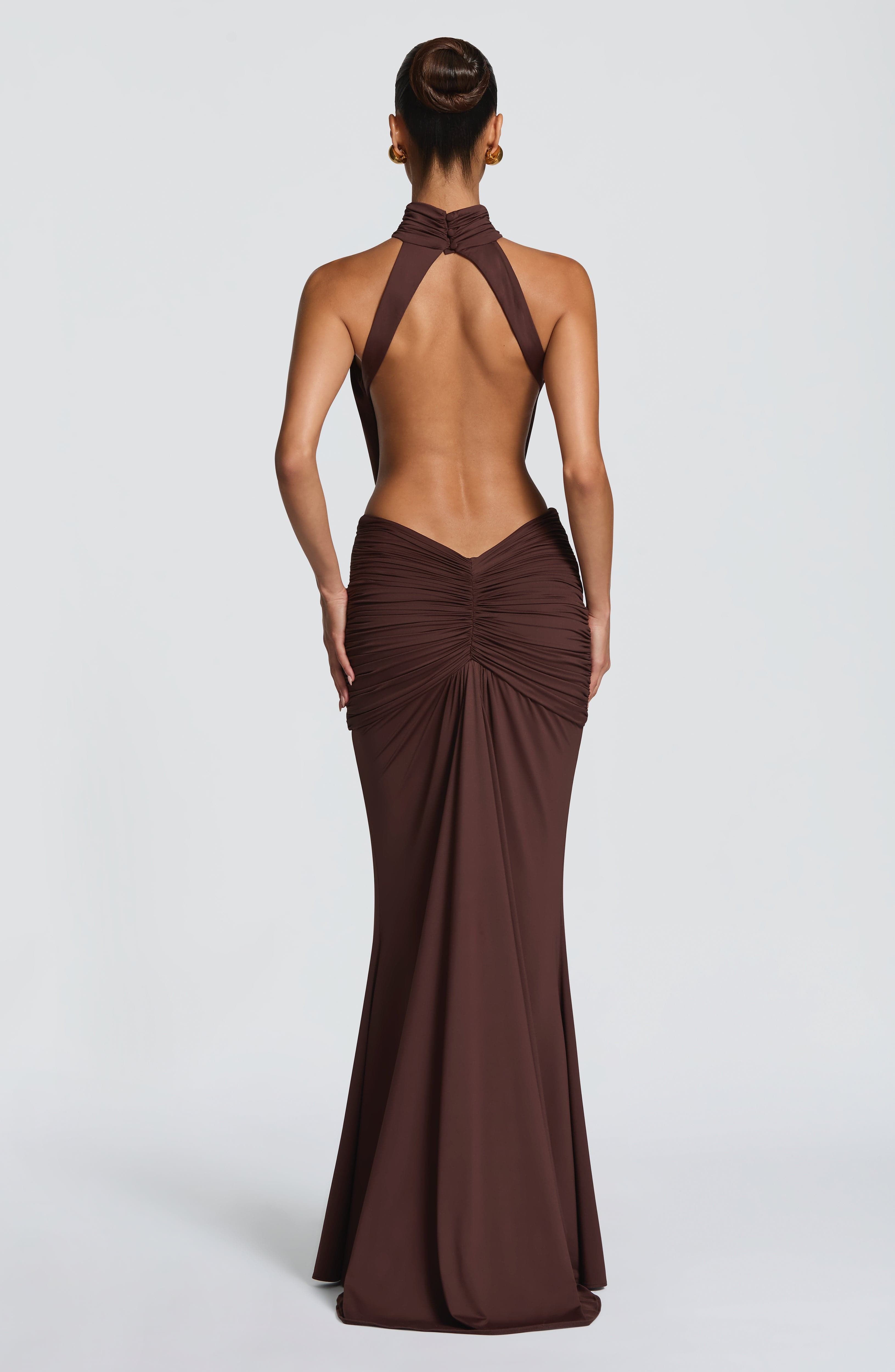 Women's Halter Neck Ruched Mermaid Evening Gown with Train - 5