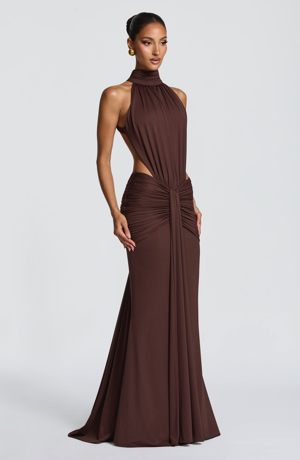 Women's Halter Neck Ruched Mermaid Evening Gown with Train - 4