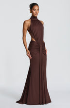 Women's Halter Neck Ruched Mermaid Evening Gown with Train - 4