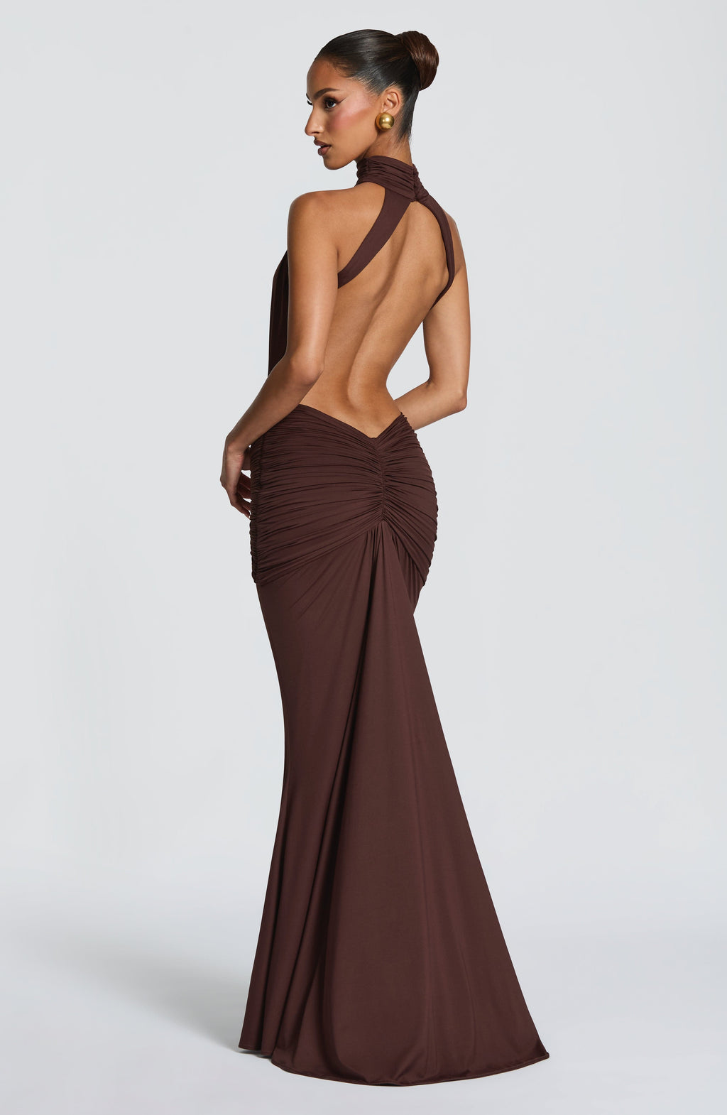 Women's Halter Neck Ruched Mermaid Evening Gown with Train - 3